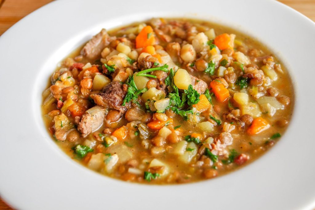 Lentil soup. Legumes as a meat extender. 