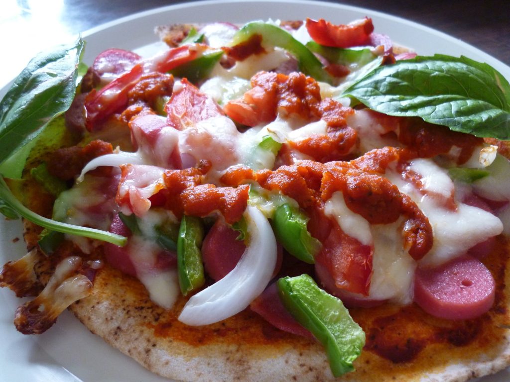 Pita pizza.  Quick healthy lunch with vegetables.